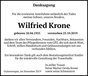 Traueranzeige von Wilfried Krone  von Magdeburger Volksstimme