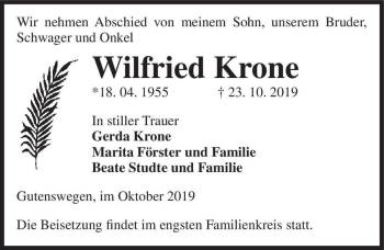 Traueranzeige von Wilfried Krone  von Magdeburger Volksstimme
