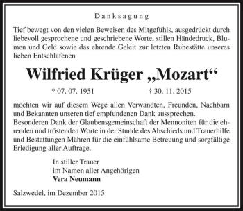 Traueranzeige von Wilfried Krüger 