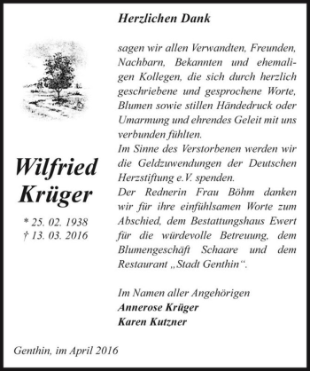 Traueranzeige von Wilfried Krüger  von Magdeburger Volksstimme