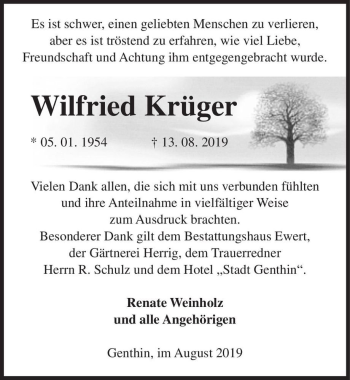 Traueranzeige von Wilfried Krüger  von Magdeburger Volksstimme