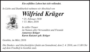 Traueranzeige von Wilfried Krüger  von Magdeburger Volksstimme