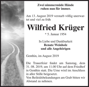Traueranzeige von Wilfried Krüger  von Magdeburger Volksstimme