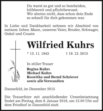 Traueranzeige von Wilfried Kuhrs  von Magdeburger Volksstimme