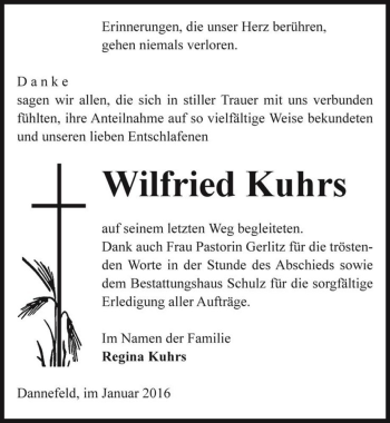 Traueranzeige von Wilfried Kuhrs  von Magdeburger Volksstimme