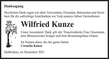 Traueranzeige von Wilfried Kunze  von Magdeburger Volksstimme