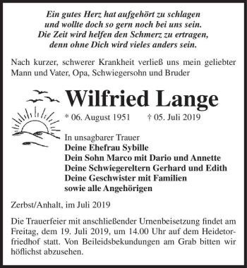 Traueranzeige von Wilfried Lange  von Magdeburger Volksstimme