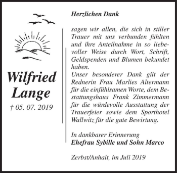 Traueranzeige von Wilfried Lange  von Magdeburger Volksstimme