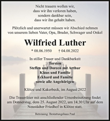 Traueranzeige von Wilfried Luther  von Magdeburger Volksstimme
