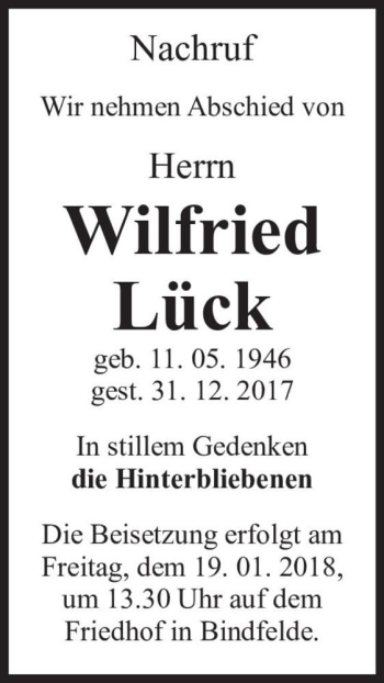 Traueranzeige von Wilfried Lück  von Magdeburger Volksstimme