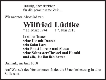 Traueranzeige von Wilfried Lüdtke  von Magdeburger Volksstimme