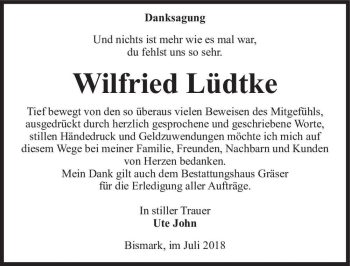 Traueranzeige von Wilfried Lüdtke  von Magdeburger Volksstimme