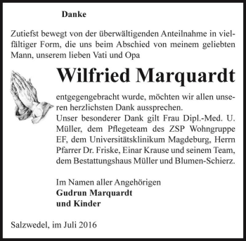 Traueranzeige von Wilfried Marquardt  von Magdeburger Volksstimme