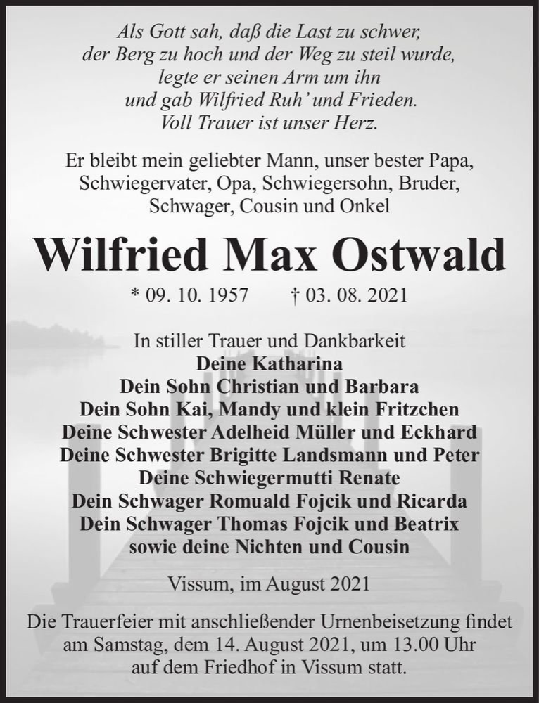  Traueranzeige für Wilfried Max Ostwald  vom 07.08.2021 aus Magdeburger Volksstimme