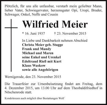Traueranzeige von Wilfried Meier  von Magdeburger Volksstimme