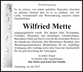 Traueranzeige von Wilfried Mette  von Magdeburger Volksstimme