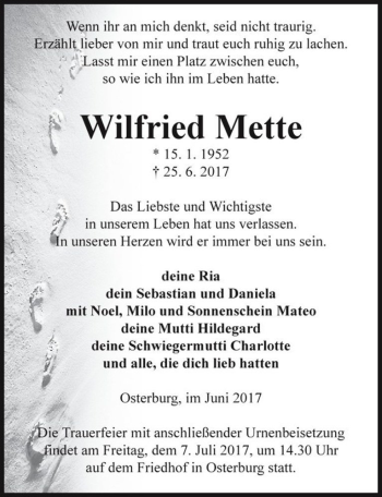 Traueranzeige von Wilfried Mette  von Magdeburger Volksstimme