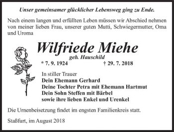 Traueranzeige von Wilfried Miehe (geb. Hauschild)  von Magdeburger Volksstimme
