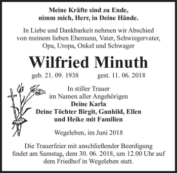 Traueranzeige von Wilfried Minuth  von Magdeburger Volksstimme