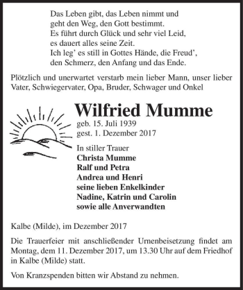 Traueranzeige von Wilfried Mumme  von Magdeburger Volksstimme