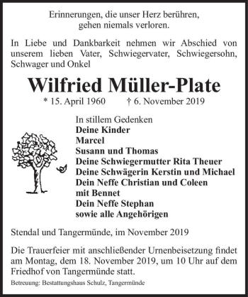 Traueranzeige von Wilfried Müller-Plate  von Magdeburger Volksstimme
