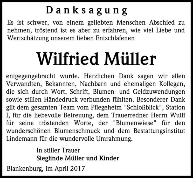  Traueranzeige für Wilfried Müller  vom 29.04.2017 aus Magdeburger Volksstimme