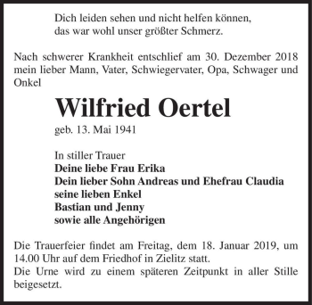 Traueranzeige von Wilfried Oertel  von Magdeburger Volksstimme