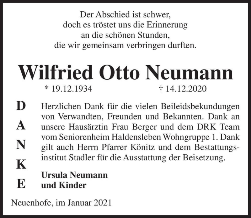  Traueranzeige für Wilfried Otto Neumann  vom 23.01.2021 aus Magdeburger Volksstimme