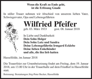 Traueranzeige von Wilfried Pfeifer  von Magdeburger Volksstimme