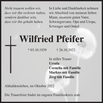 Traueranzeige von Wilfried Pfeifer  von Magdeburger Volksstimme