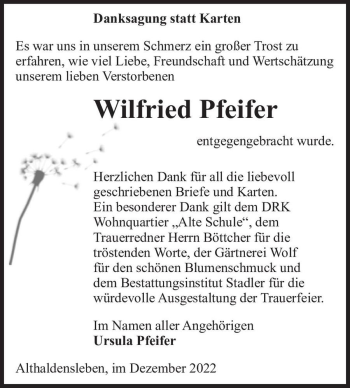 Traueranzeige von Wilfried Pfeifer  von Magdeburger Volksstimme