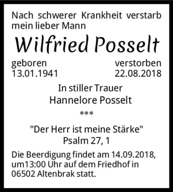 Traueranzeige von Wilfried Posselt  von Magdeburger Volksstimme