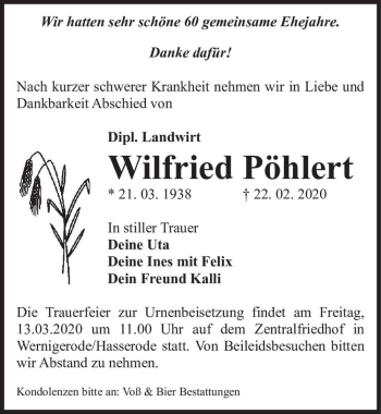Traueranzeige von Wilfried Pöhlert  von Magdeburger Volksstimme