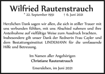 Traueranzeige von Wilfried Rautenstrauch  von Magdeburger Volksstimme