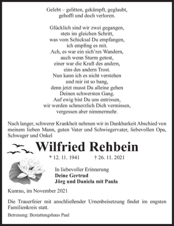 Traueranzeige von Wilfried Rehbein  von Magdeburger Volksstimme