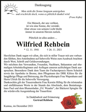 Traueranzeige von Wilfried Rehbein  von Magdeburger Volksstimme