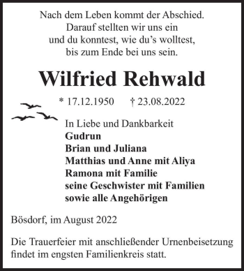 Traueranzeige von Wilfried Rehwald  von Magdeburger Volksstimme