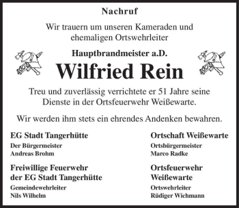 Traueranzeige von Wilfried Rein  von Magdeburger Volksstimme