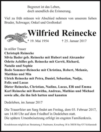 Traueranzeige von Wilfried Reinecke  von Magdeburger Volksstimme