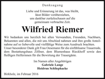 Traueranzeige von Wilfried Riemer  von Magdeburger Volksstimme