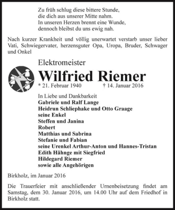 Traueranzeige von Wilfried Riemer  von Magdeburger Volksstimme