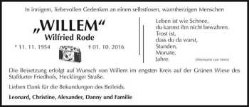 Traueranzeige von Wilfried Rode 