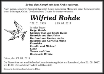 Traueranzeige von Wilfried Rohde  von Magdeburger Volksstimme