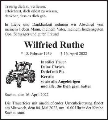 Traueranzeige von Wilfried Ruthe  von Magdeburger Volksstimme