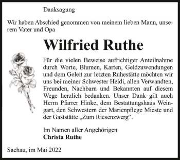 Traueranzeige von Wilfried Ruthe  von Magdeburger Volksstimme