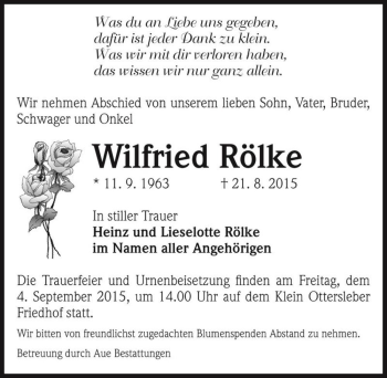 Traueranzeige von Wilfried Rölke  von Magdeburger Volksstimme