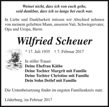 Traueranzeige von Wilfried Scheuer  von Magdeburger Volksstimme
