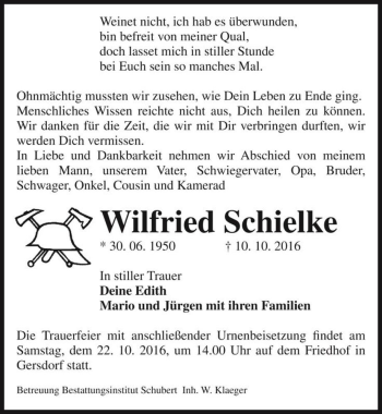 Traueranzeige von Wilfried Schielke  von Magdeburger Volksstimme