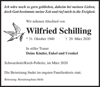 Traueranzeige von Wilfried Schilling  von Magdeburger Volksstimme