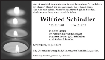 Traueranzeige von Wilfried Schindler  von Magdeburger Volksstimme